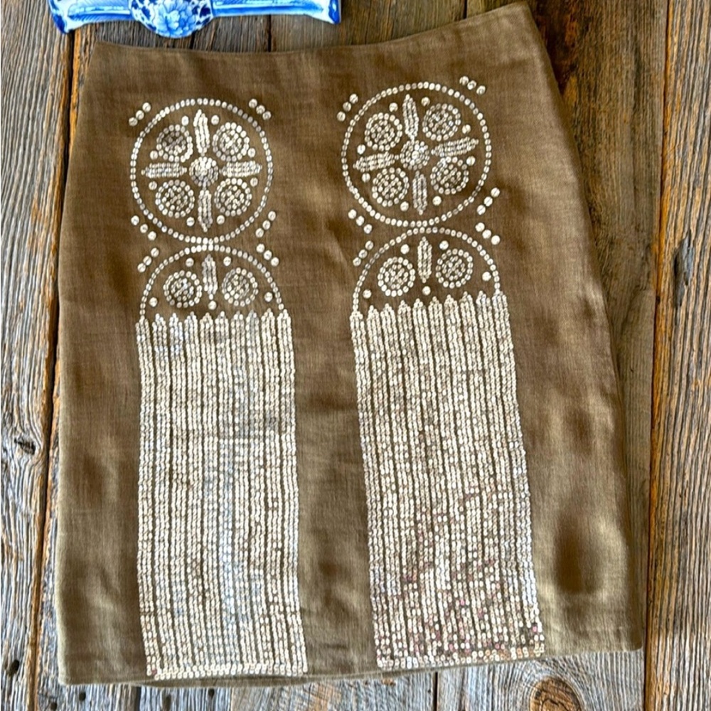 Tory Burch Tan Silver Sequin Pencil Skirt Size 10 - Picture 11 of 13